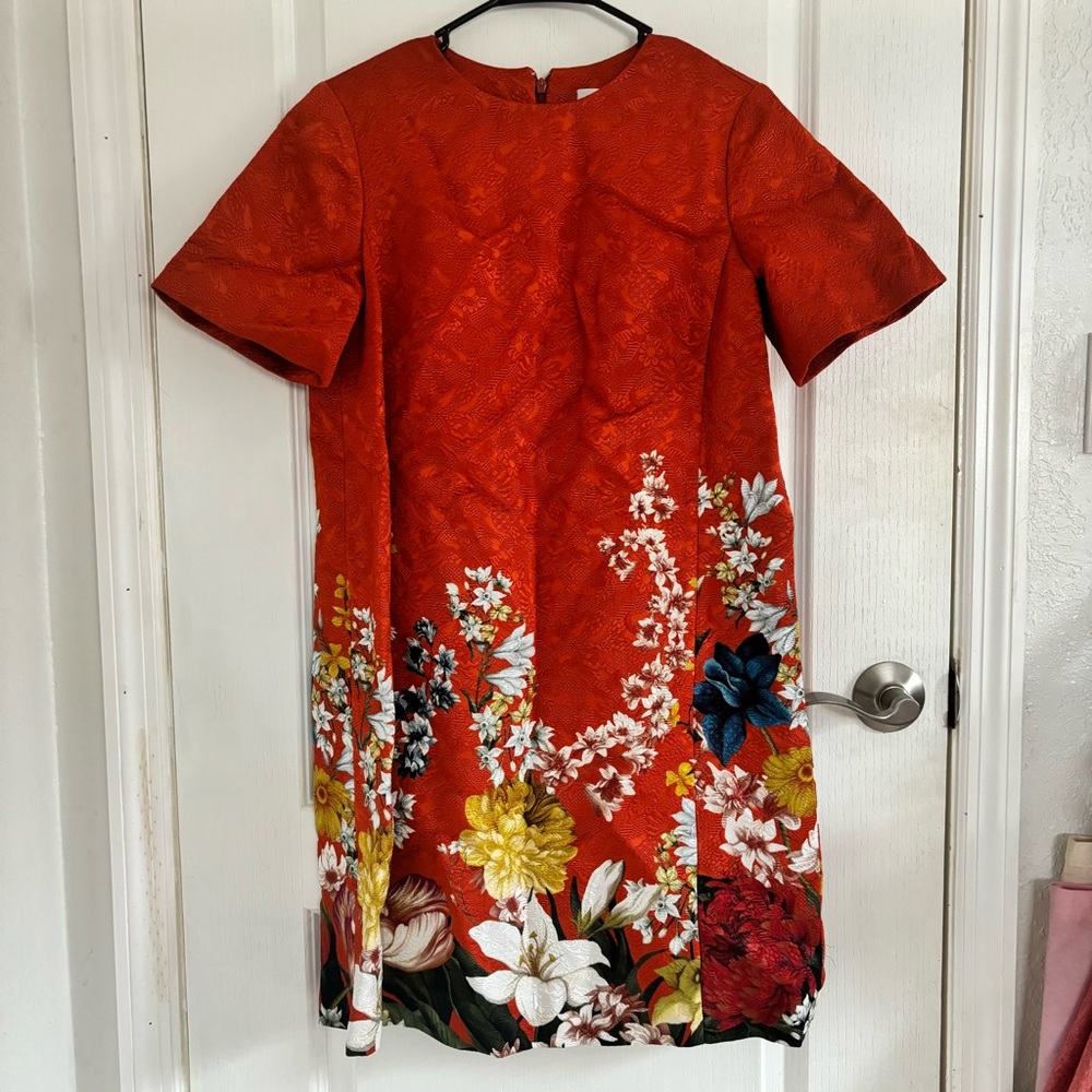 Oscar De La Renta Short Sleeve Floral Print Midi Dress